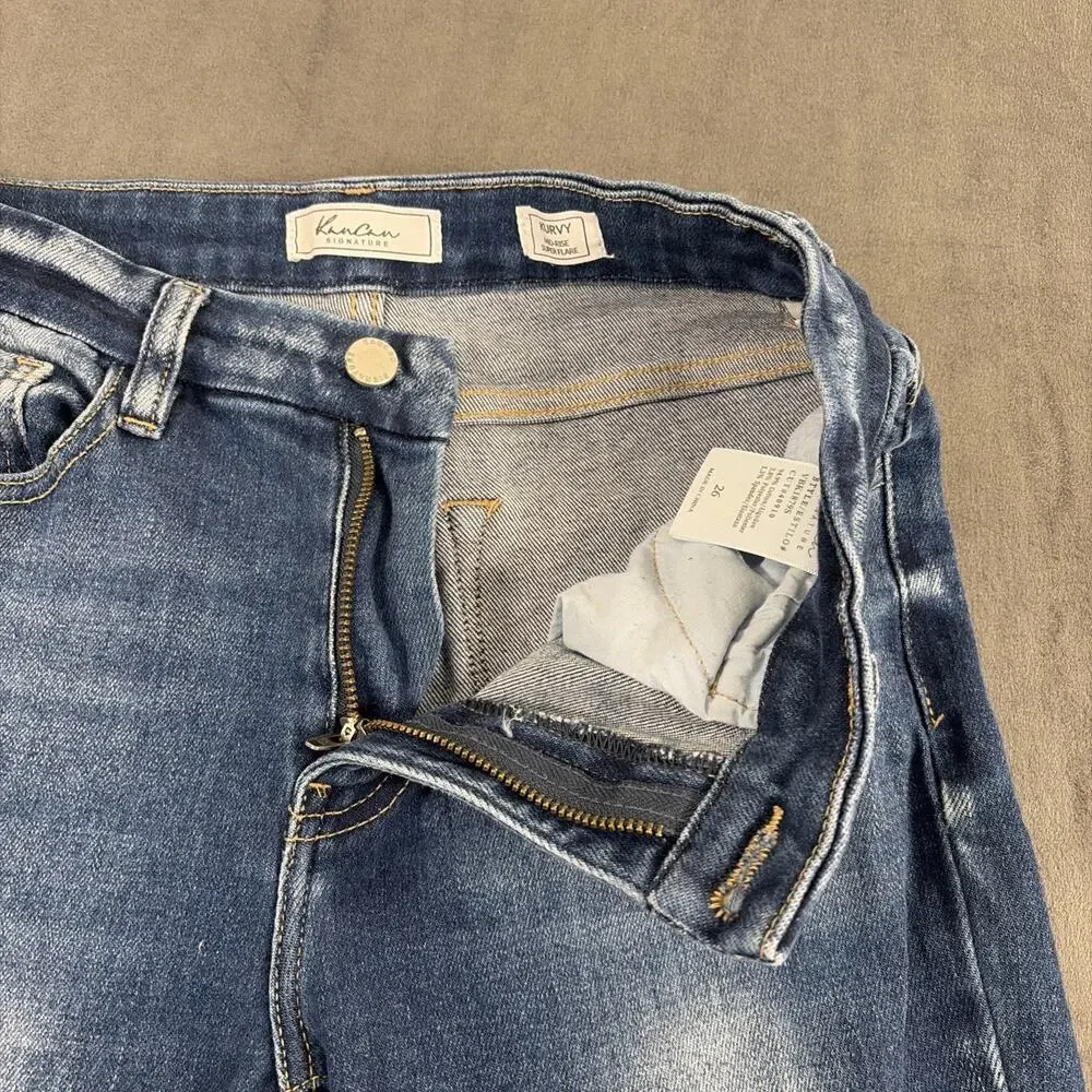 Kancan Kurvy Mid Rise Super Flare Frayed Hems Jeans Size 26×30 Bnfts Charity